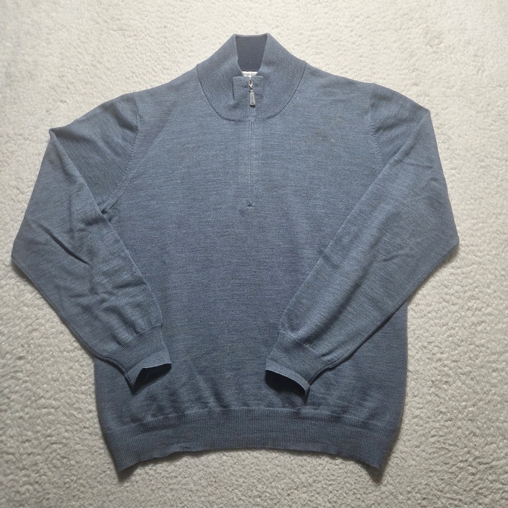 Gran Sasso Sweater Men Size La Blue 100% Virgin Wool Quarter Zip Pullover Italy